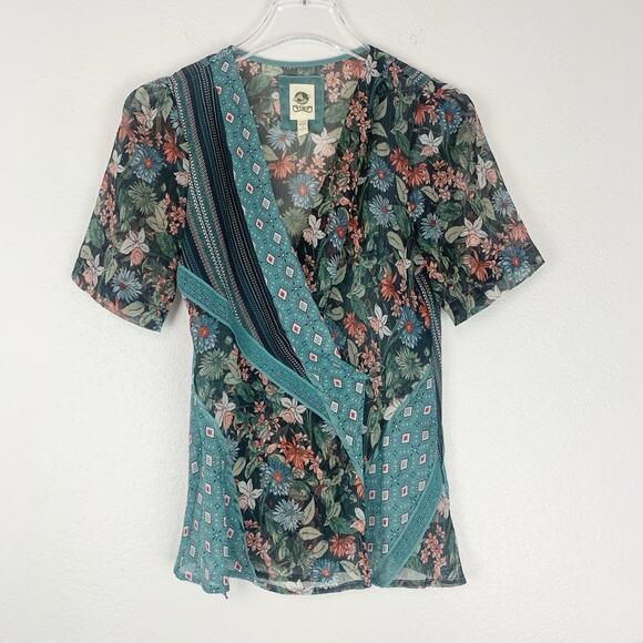Tiny Anthropologie Shirt Womens Small Wrap Blouse Boho Fairycore Mixed Print S - Picture 1 of 9